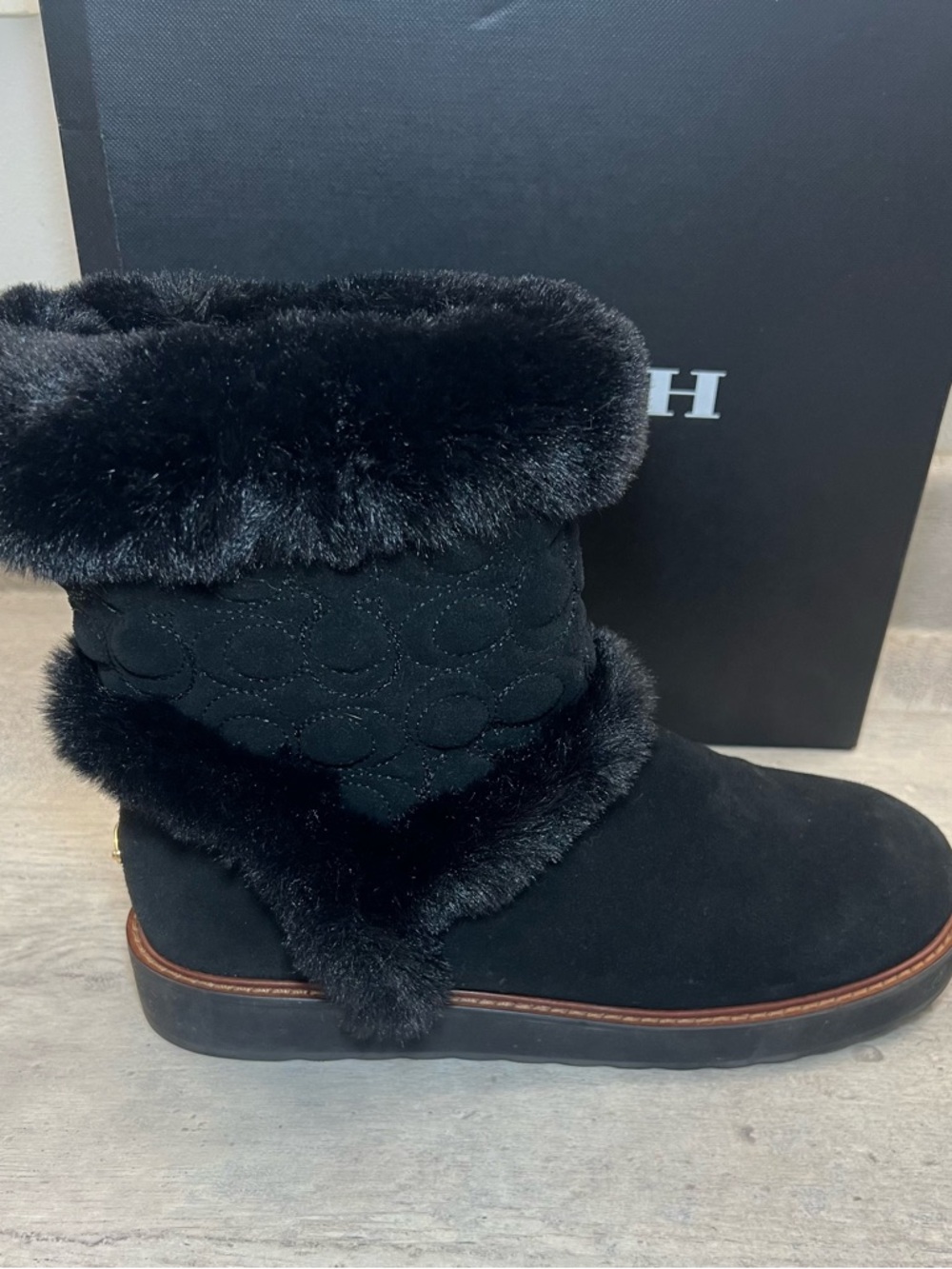 COACH IZZIE Boots Size 11 Black Signature Midcalf Suede Faux Fur FG4597 - Picture 7 of 16